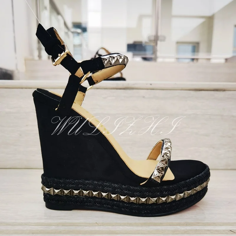 Platform Gold Stud Bead Wedge Leather String Bead Sandals Women Open Round Toe Slingback Buckle Heel Glossy Bordered Casual Shoe