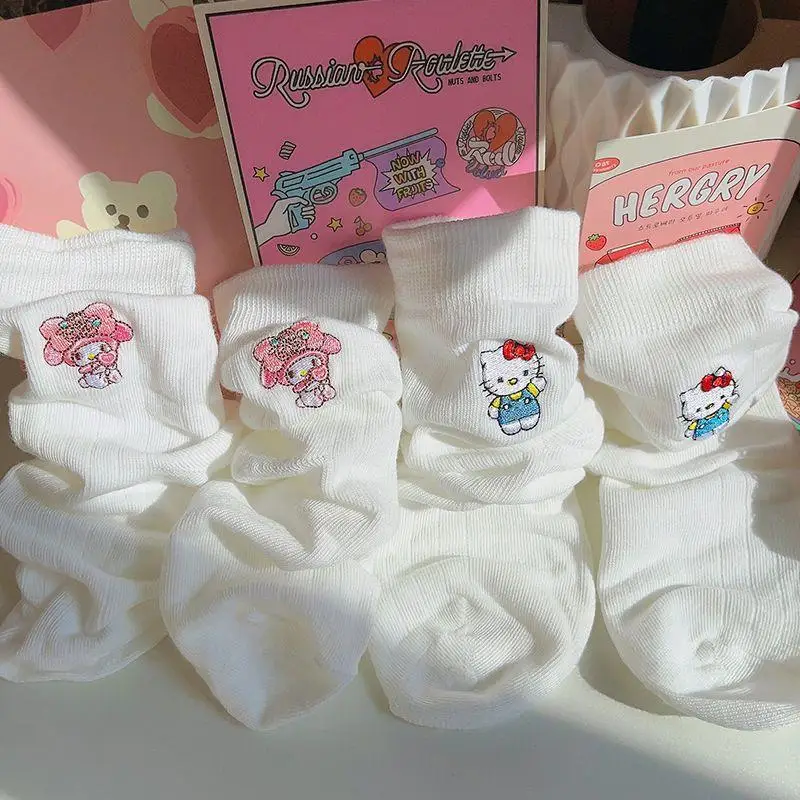 

3Pcs Hello Kittys Middle Tube Socks Sanrio Cartoon Kuromi My Melody Girl Heart Embroidery Winter Keep Warm Women Socks Girl Gift