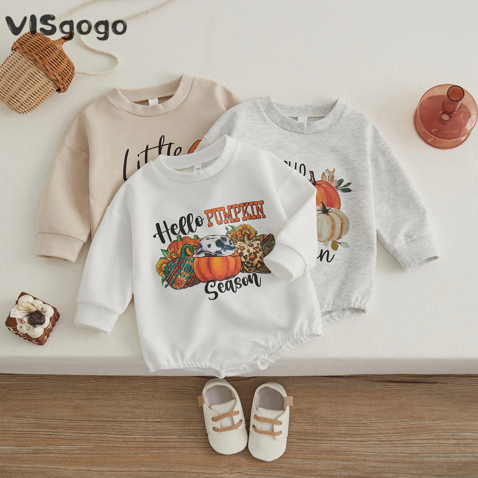 

VISgogo Baby Halloween Rompers Pumpkin Letter Print Sweatshirt Rompers Long Sleeve Crew Neck Bodysuit for Newborn Fall Clothes