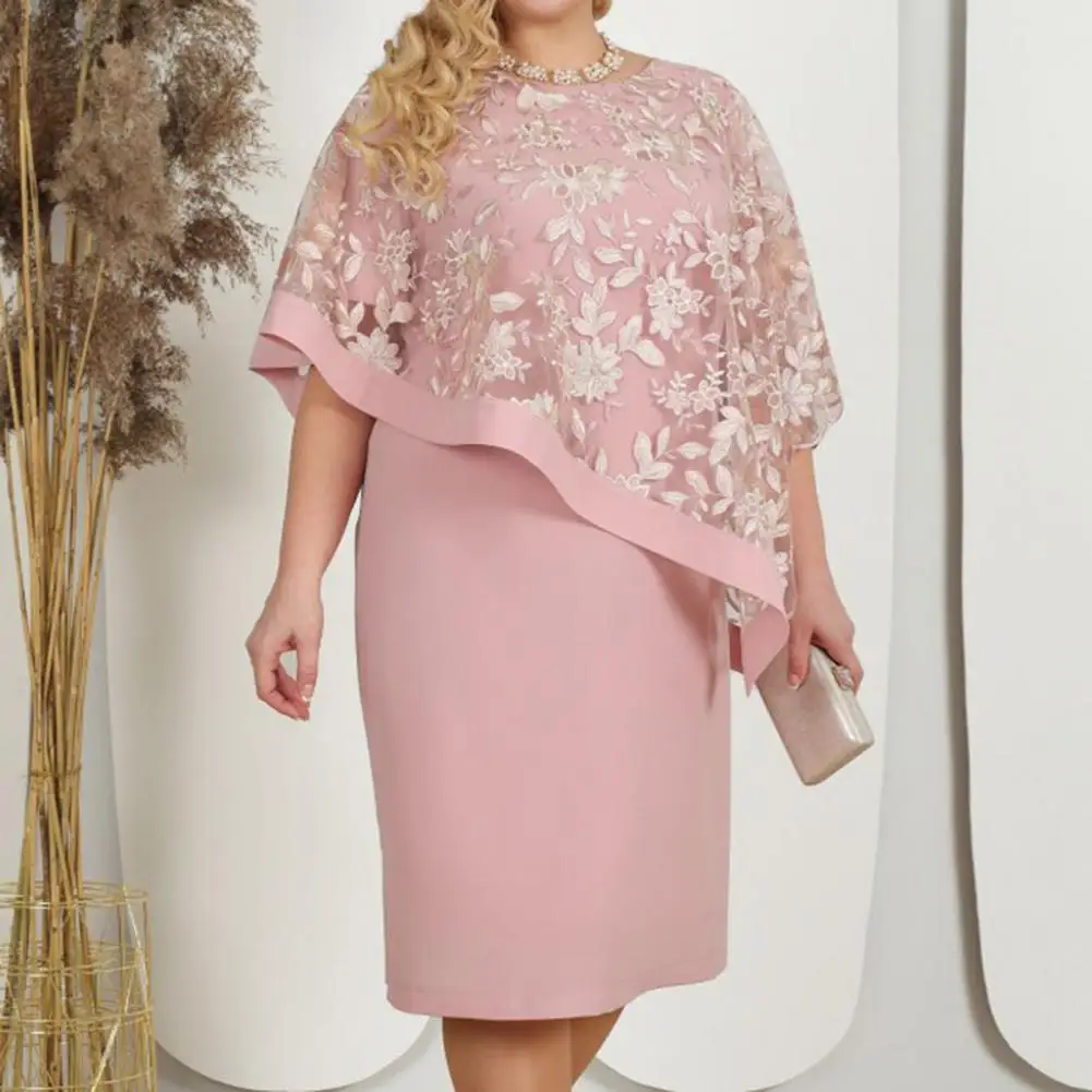 

Embroidered Hollow Shawl Dress Oversized Dress Elegant Plus Size Floral Embroidery Dress O-neck Mesh Shawl for Wedding Prom