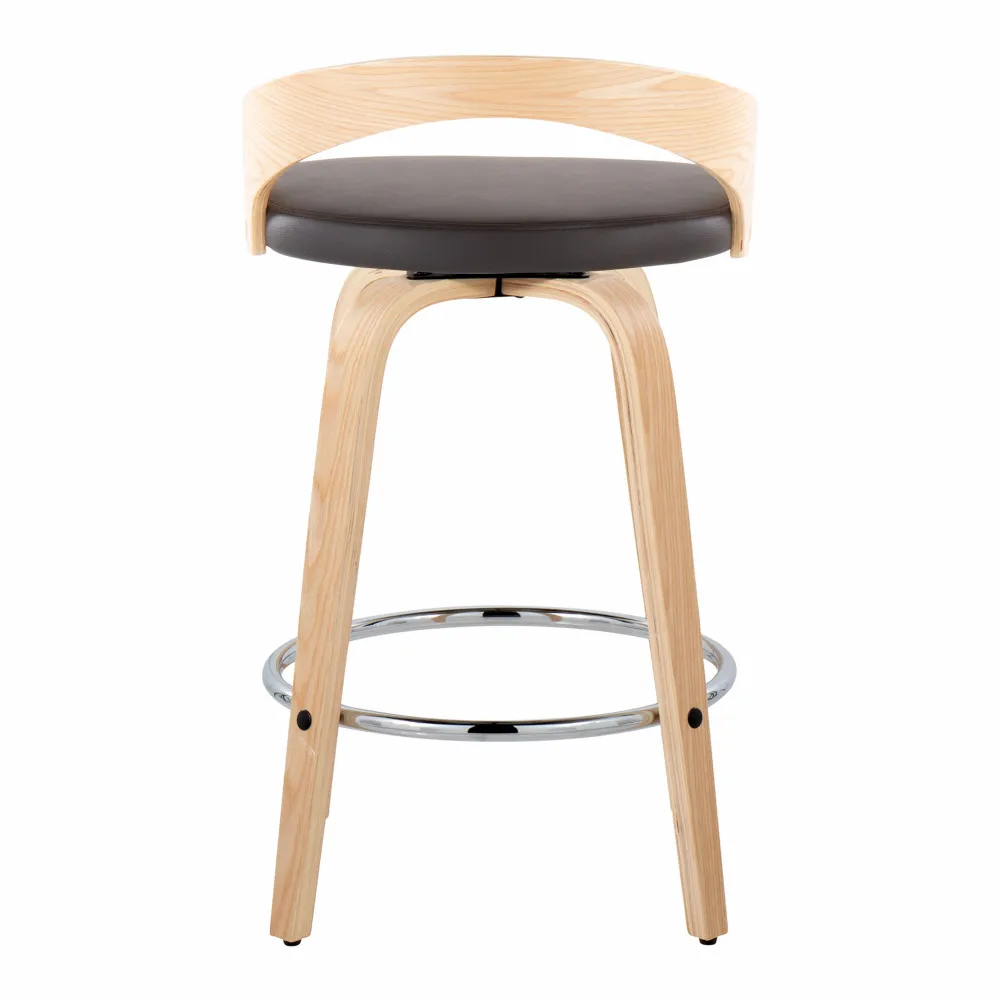 Grotto 26" Contemporary Fixed-Height Counter Stool with Swivel in Natural Wood and Brown Faux Leather with Round Chrome Metal Fo 5
