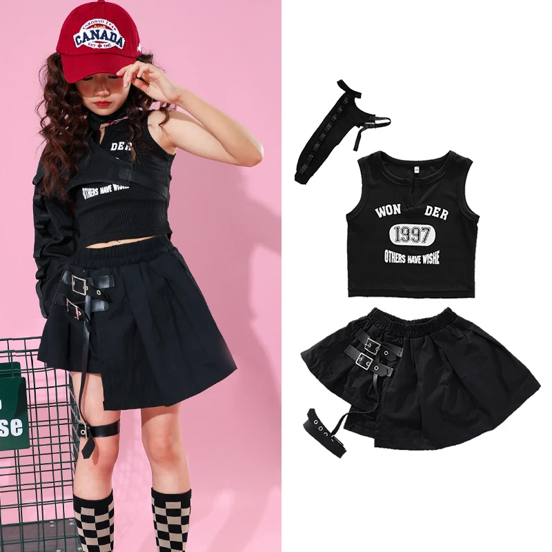 

2023 Jazz Modern Dance Costumes For Kids Black Vest Skirts Suit Girls Streetwear Ballroom Hip Hop Dance Rave Clothes DQS13696