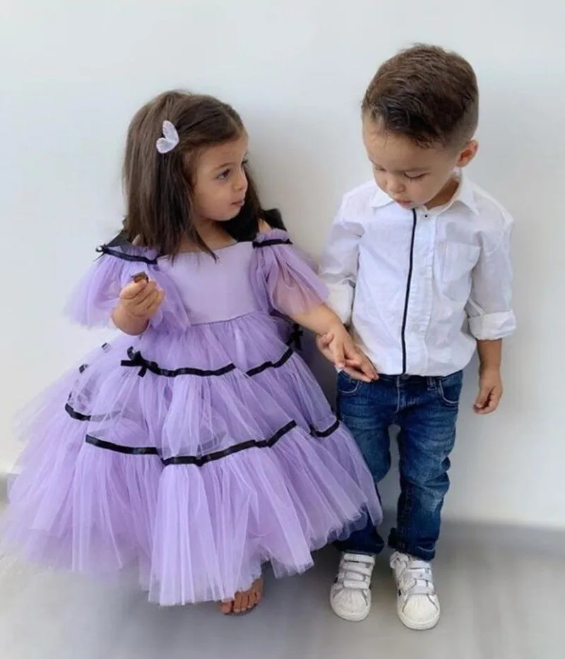 

Lilac Tulle Long Flower Girl Dresses Princess Birthday Party Dresses Holy Communion Prom Gown Kids Vestidos Niña