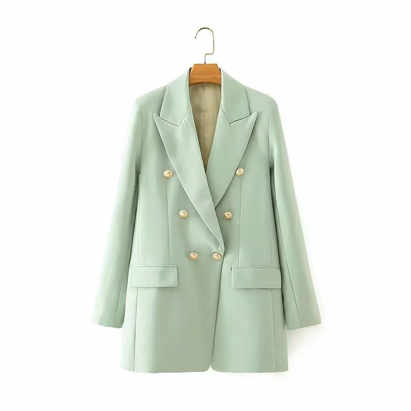 Green Women Office Casual Blazers Chic Double Breasted Long Sleeve Suits 2021 New Spring Autumn Vintage Solid Colors Blazer Pink