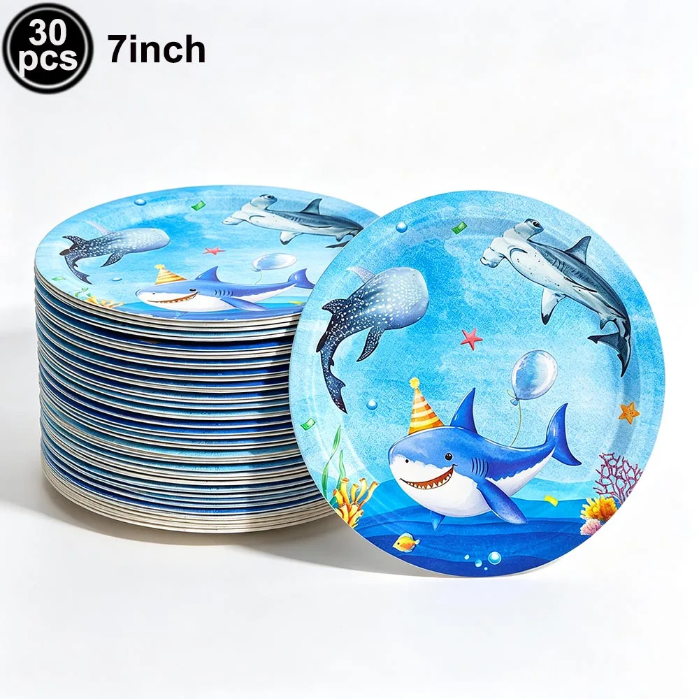 Blue Cartoon Shark Theme Disposable Tableware Set for Kids' Ocean Birthday Party Decor