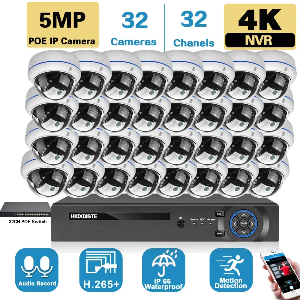 4K 32채널 POE NVR 키트 오디오 녹음 홈 보안 카메라 시스템 5MP 실외 IP 돔 카메라 비디오 감시 시스템 키트 32채널