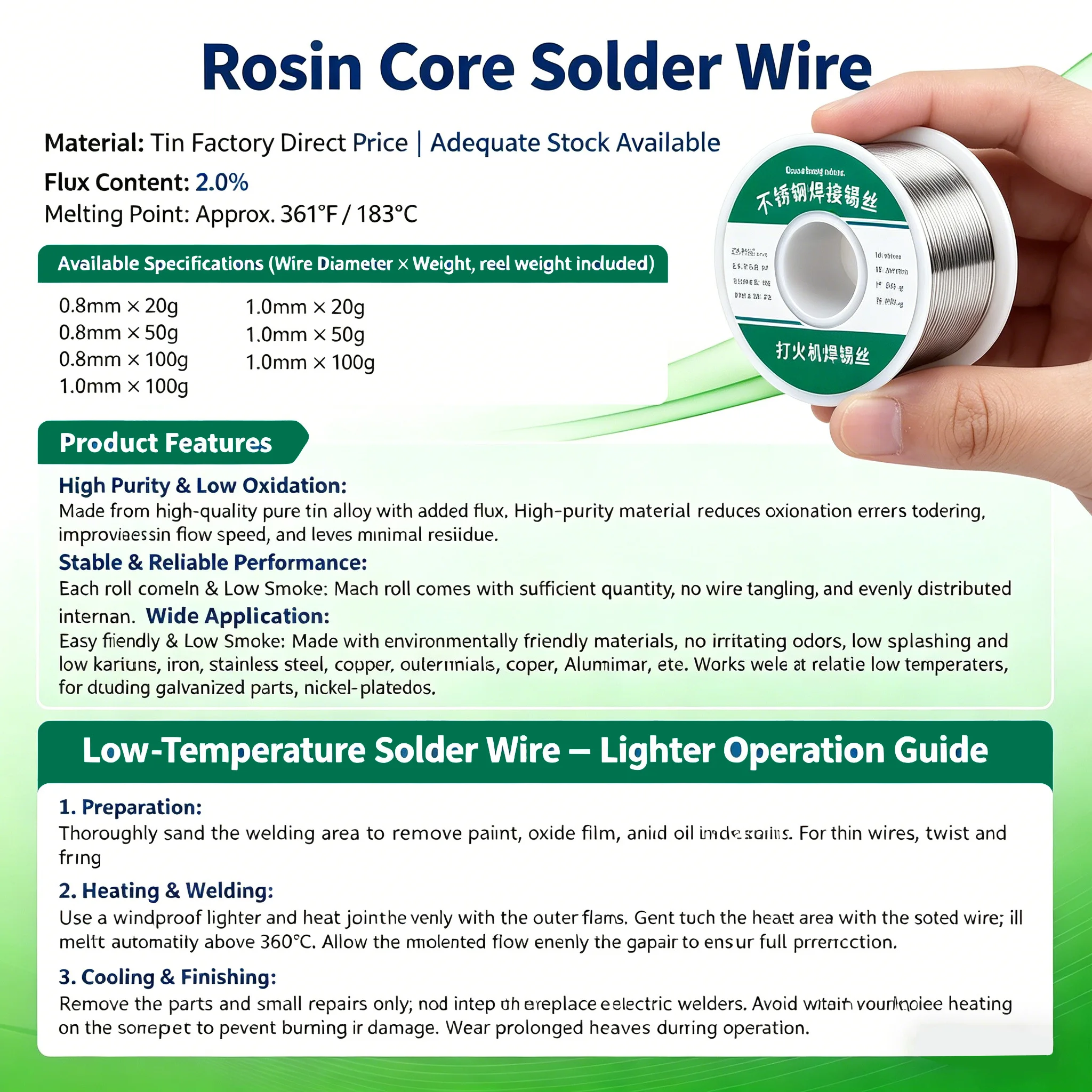 0.8mm 1.0mm 20g 50g 100g Soldering Tin Wire Tin Melt Rosin Core Solder Soldering Wire Roll No-clean FLUX 2.0% 6