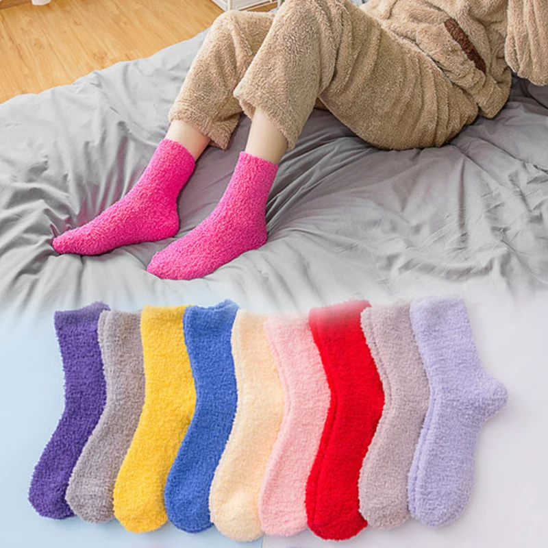 Meias de lã coral coloridas para mulheres e meninas, meias longas e fofas para dormir, quentes e macias, moda inverno, 1 par