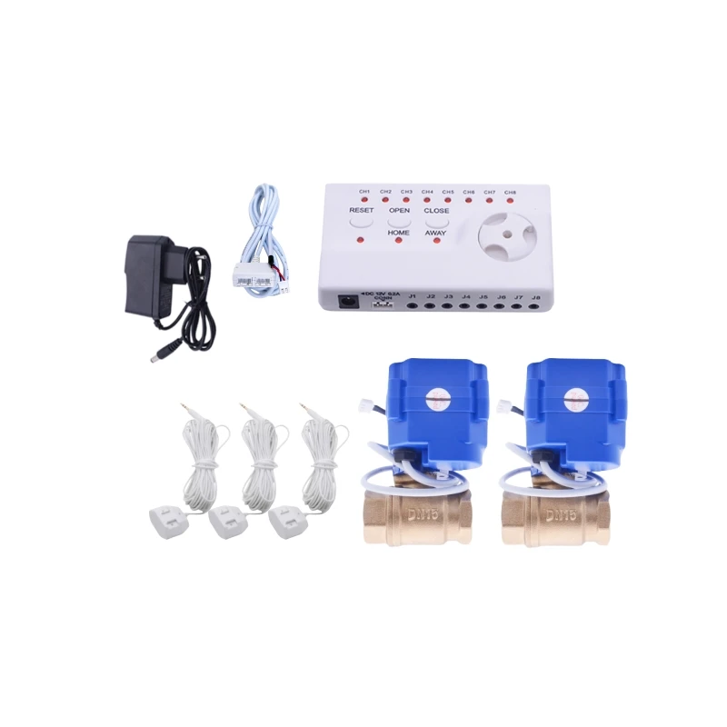 

Water Leak Sensor Protection System with 2pcs Smart Valve 3pcs Water Detector Cable for 1/2" Water Pipe Anti Overflow Protector