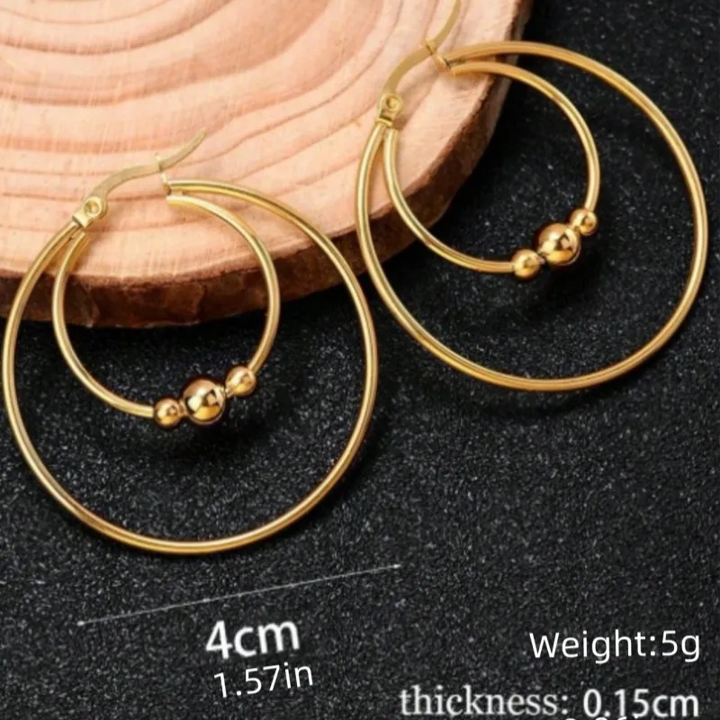 Stainless Steel Exaggerated Round Bead Hoop Earring for Women Men Smooth Design Vintage Double Rings Earring Personality Jewelry