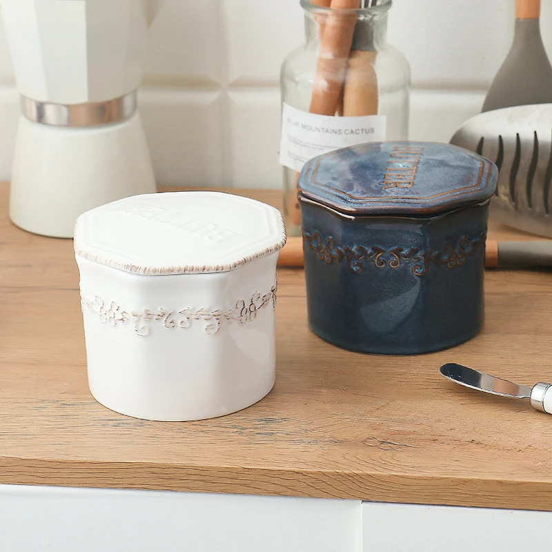 French Butter Crock with Lid for Kitchen Countertop Ceramic Soft Butter Dish with Knife Cheese Container Keeper With Waterline