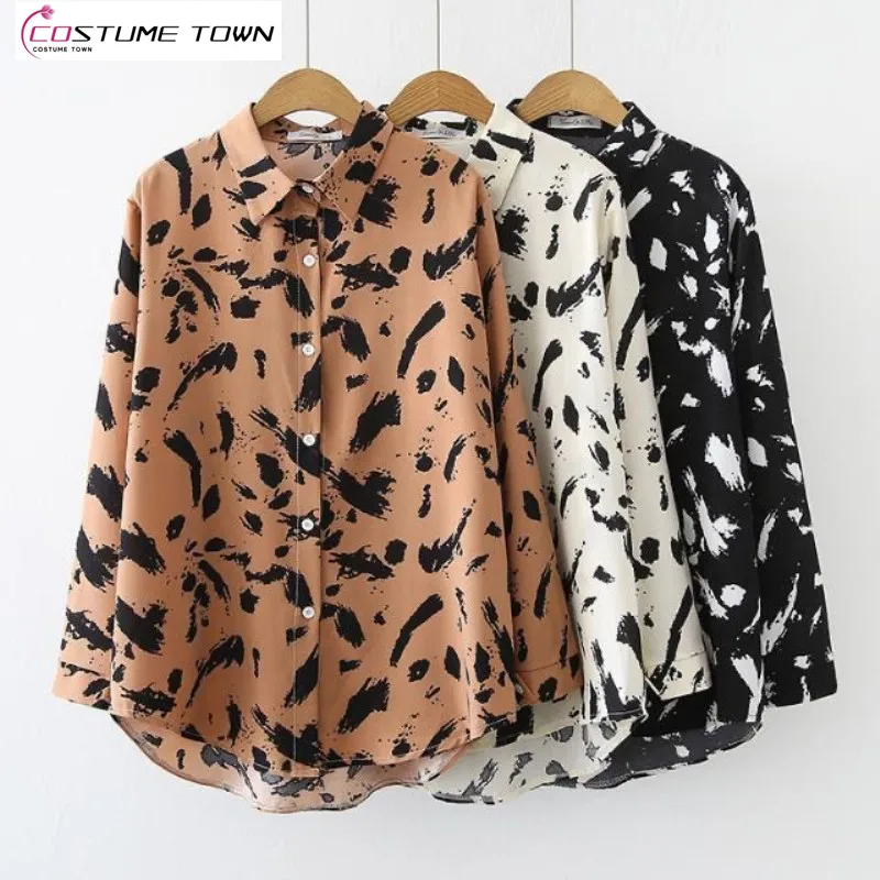 Spring and Autumn New Polo Collar Printed Shirt Women's Design Sense Long Sleeved Versatile Retro Leopard Pattern Shirt hidup top quality solid cowhide leather belt retro style print trees pattern belts men casual styles jeans accessories nwj1033