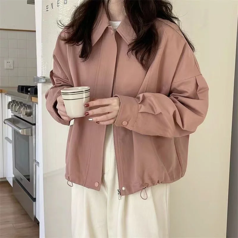 2024 Early Spring New Solid Color Retro Lapel Loose Jacket Women Korean Loose and Versatile Hem Drawstring Short Women's Jacket