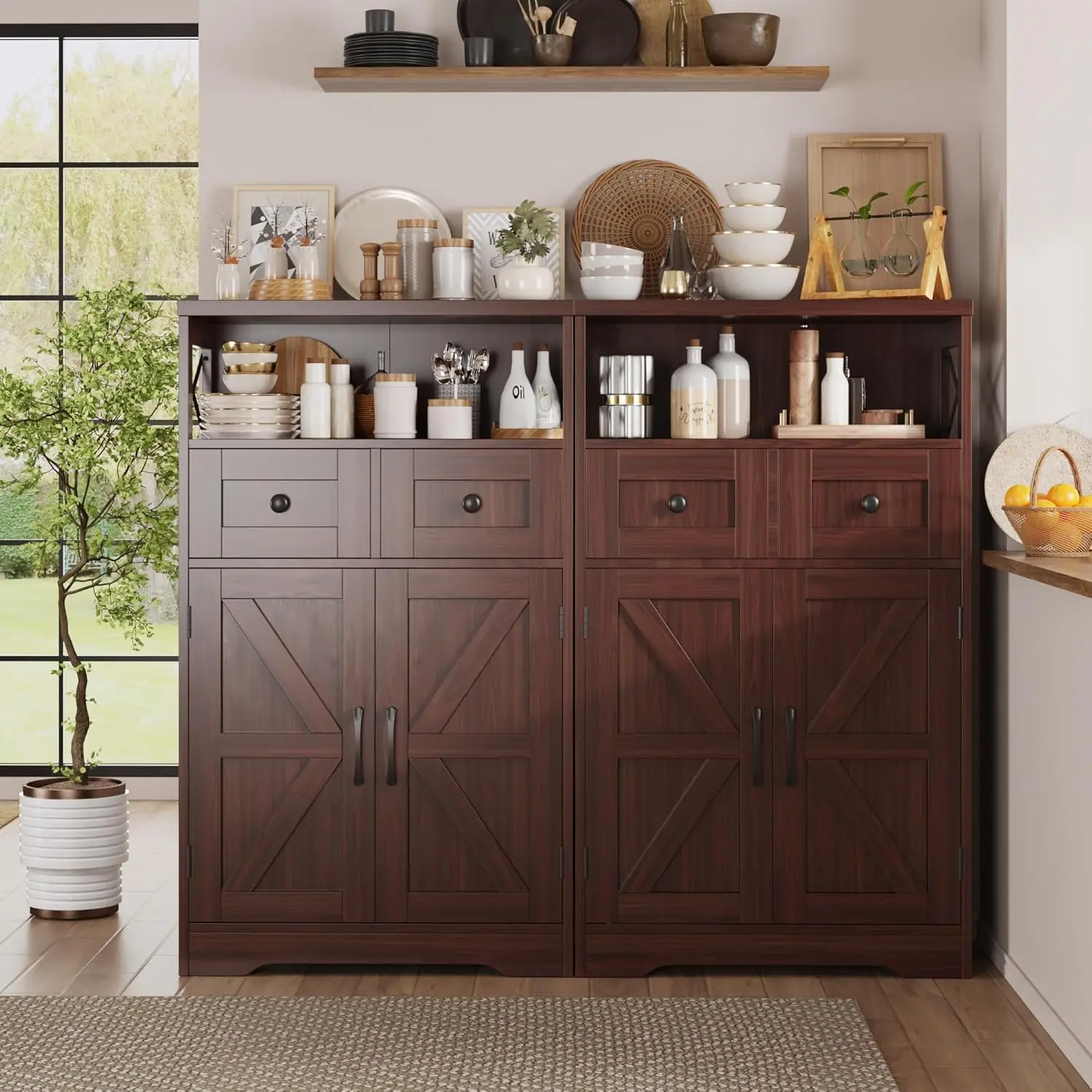 Dark Brown Storage Cabinet with Drawers and Shelves, Standing Kitchen Pantry Cabinet, Floor Storage Cabinet Hutch Cupboard, 4