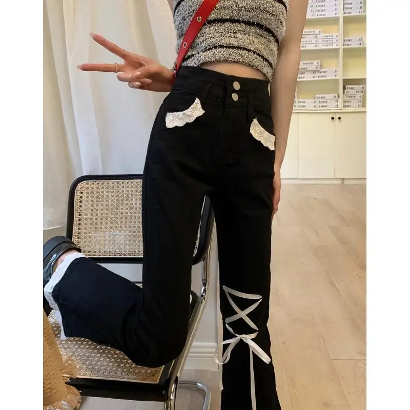 Black Vintage Fashion Flare Pants Women Patchwork Lace Elegant Designer Jeans Female Pockets Korean Casual Pants Autumn New