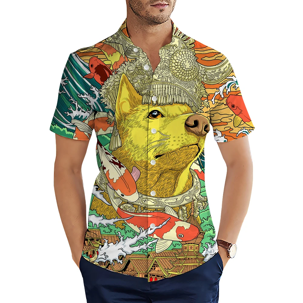 

HX Ukiyo-e Shirts Fashion Zodiac Dog Koi Waves 3D Printed Casual Shirt for Men Short Sleeve Tops Hawaiian Shirt Camisas