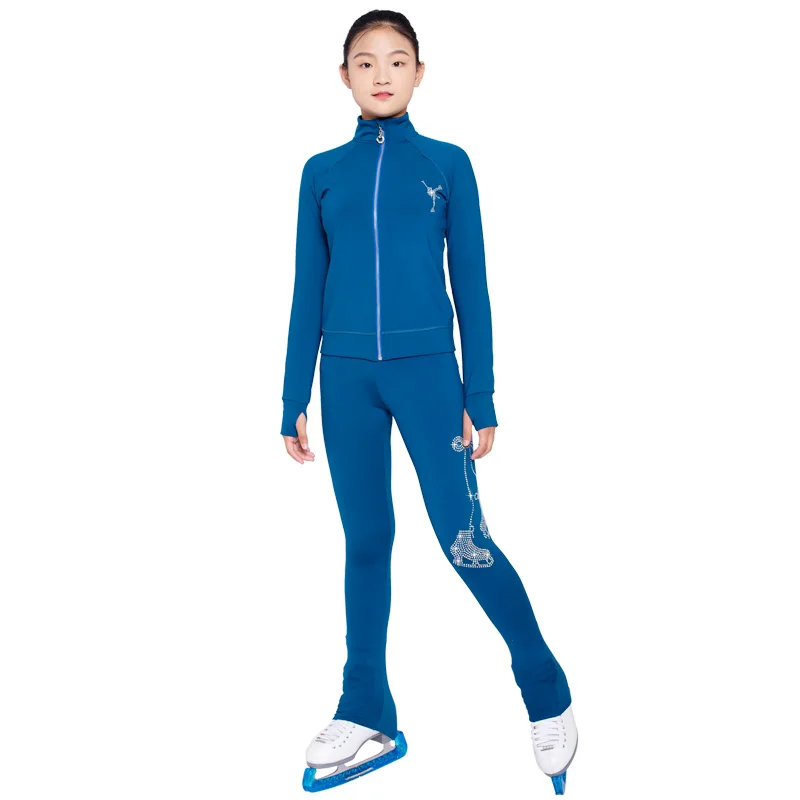 New Ice Figure Skating Jacket Pants Women Girl Trousers Top Black Teens Children Kids Colored Blue Rhinestones Training
