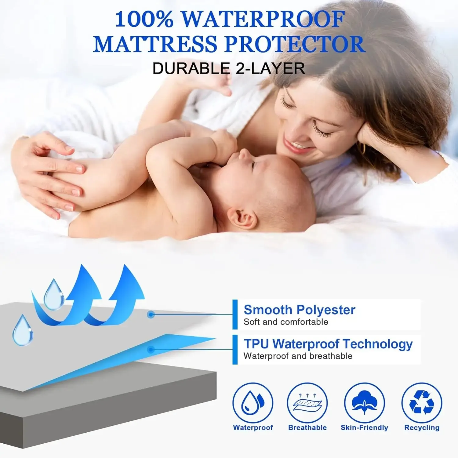 Protège-Matelas Imperméable et Sûr, Doux, Confortable, Respirant, Solide, Literie, Juste Ajustée, Lavable en Machine