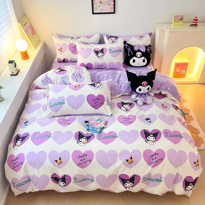 Nuevo juego de sábanas de algodón para niños de Sanrio My Melody Cinnamoroll Hello Kitty, juego de tres piezas, funda de edredón con forma de corazón para niña, juego de cuatro piezas