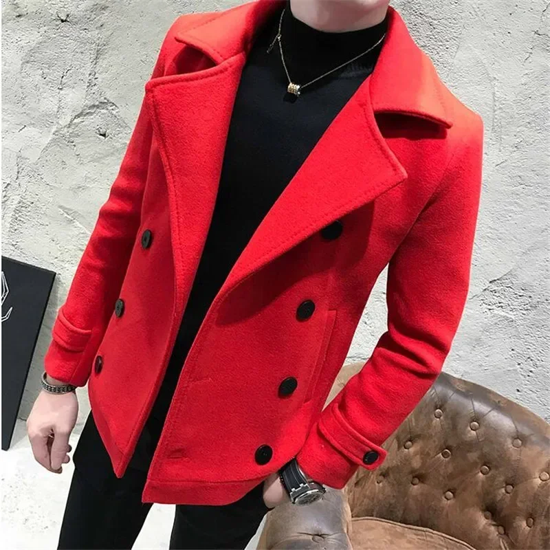 2023 New Fashion Men Double-Breasted Windbreaker Solid Color Slim Short Woolen Coat Winter Casual Warm Windbreaker Coat Size 5XL 3