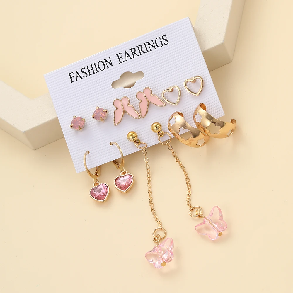 Pink Heart Butterfly Dangle Earrings Set Vintage Metal Geometric Stud Earring for Women Fashion Trendy Jewelry Gifts 2023 New