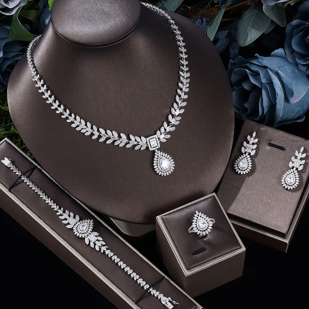 

2023 Hot selling 4-piece Bridal Zirconia Full Set Women's Party Jewelry Set, Deluxe Dubai Nigeria Crystal Wedding Necklace Set