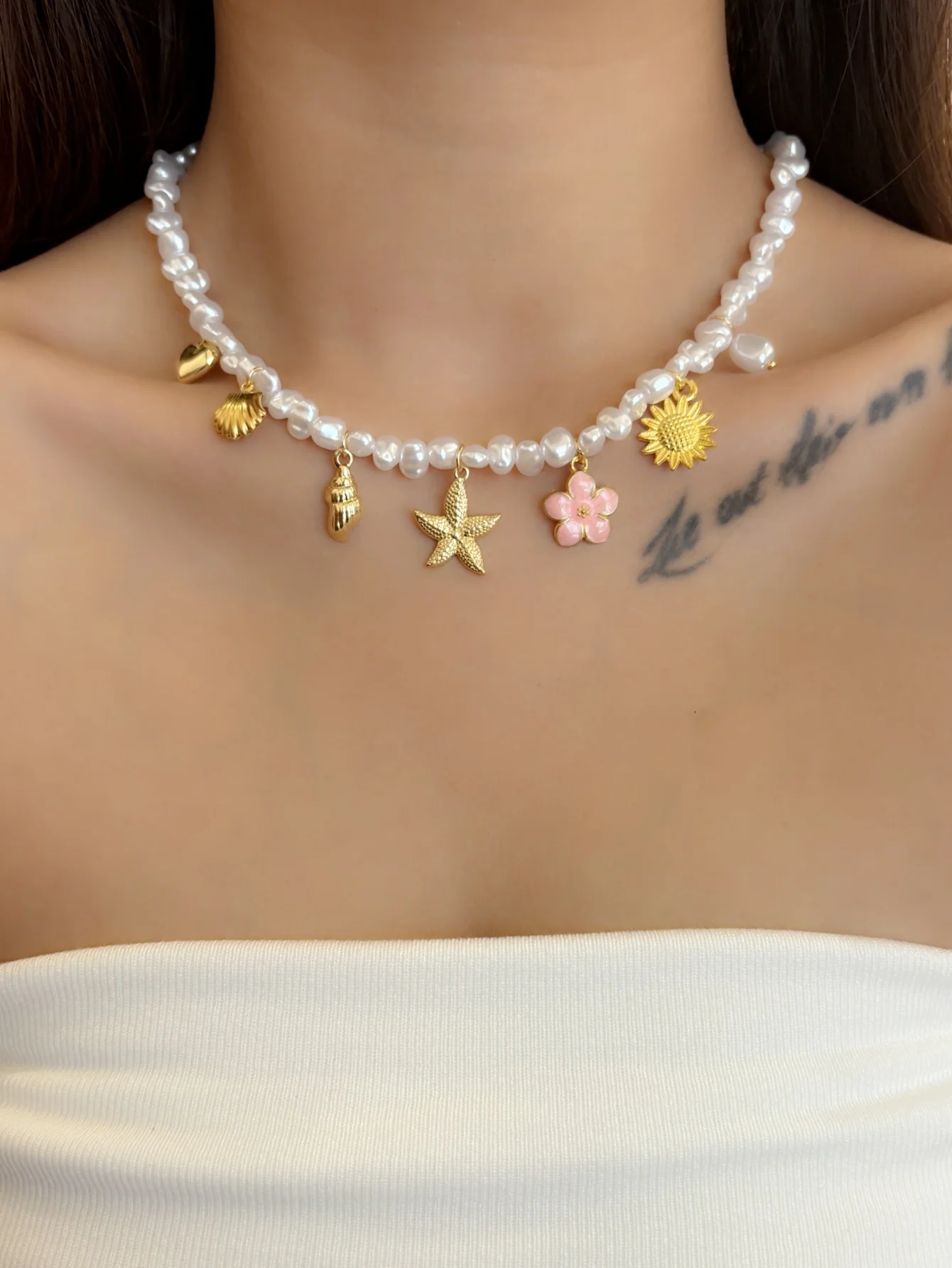 Charm Sweet Sea Star Conch Flower Multi Pendant Womens Necklace