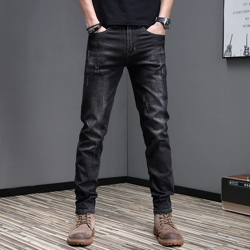 Embroidered Jeans Men's Autumn Winter New Korean Fashion Slim Little Feet Trousers Stretch Vintage Street Denim Trousers Male 2