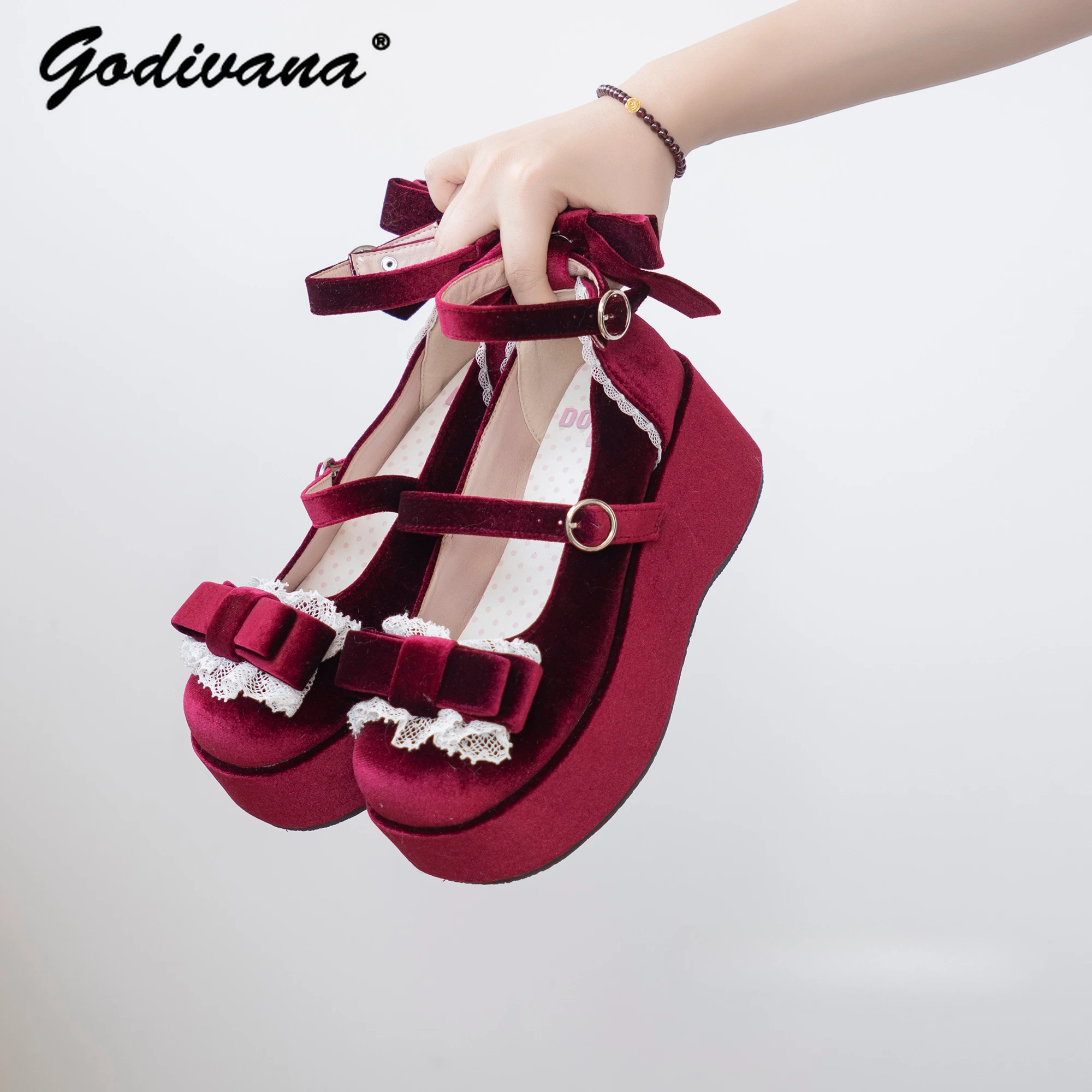 

New Fashion Women Girls Lolita Shoes Velvet Retro Lace Bow Round Head Thick Bottom Wedge Heel Girls Sweet Pumps Paltform