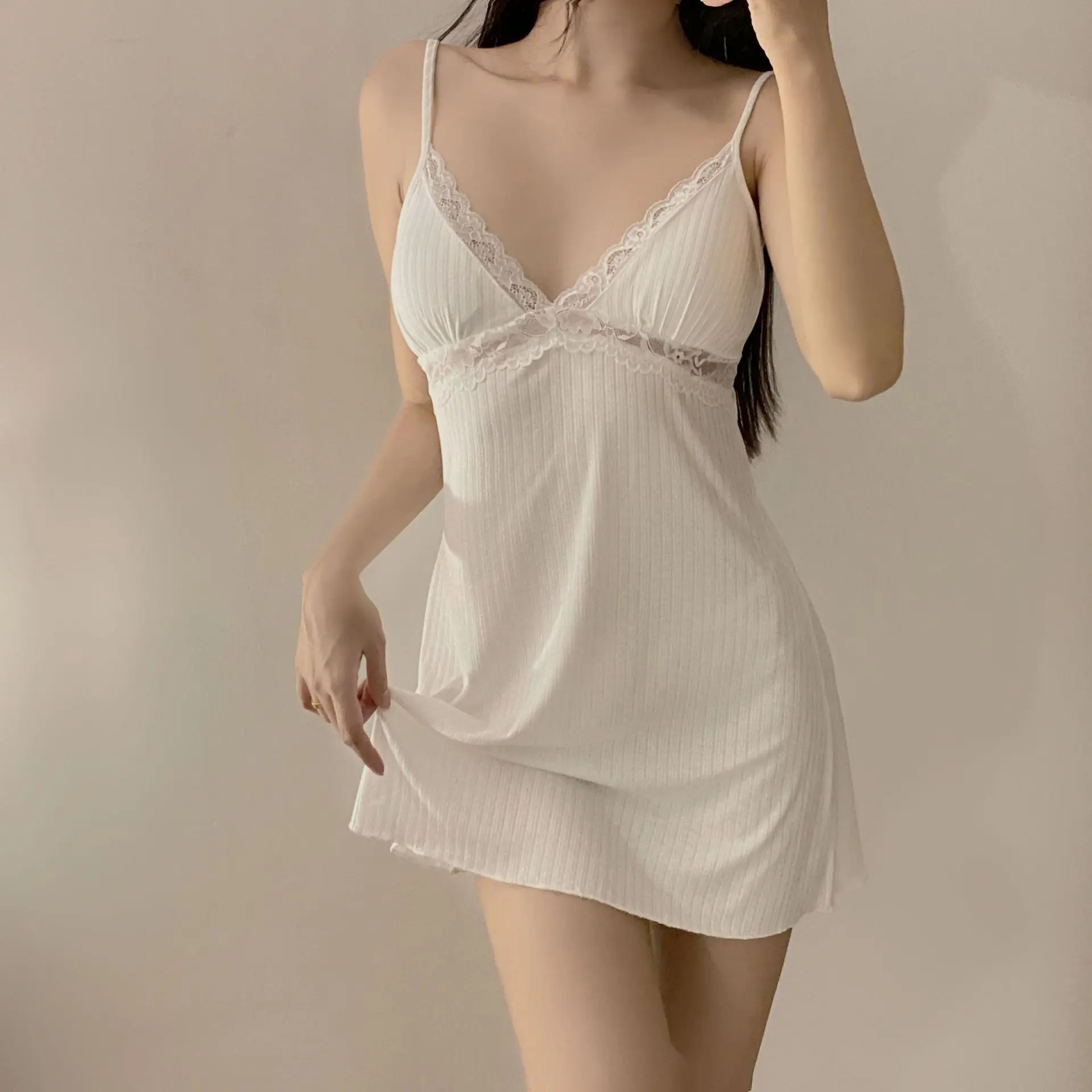 여성을위한 섹시한 스파게티 스트랩 잠옷 미니 Nightdress Chemise Sleepwear 봄 여름 모달 홈 드레싱 가운 Loungewear