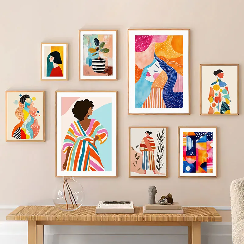 Quadro su tela con foglie e ragazza a righe in acquerello, poster astratti e stampe per hotel, bar, soggiorno, ufficio, decorazione da parete