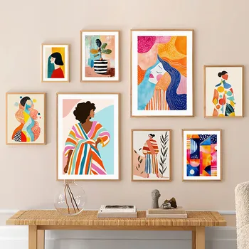 Quadro su tela con foglie e ragazza a righe in acquerello, poster astratti e stampe per hotel, bar, soggiorno, ufficio, decorazione da parete