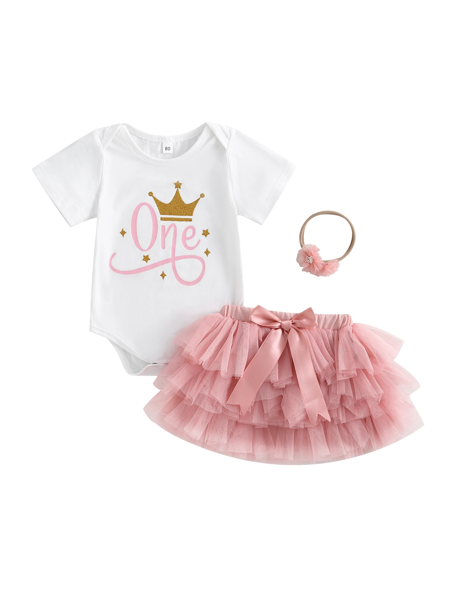 

Baby Girls Summer Outfit Sets Pink Short Sleeve Heart Print Romper White Tulle Skirt Headband