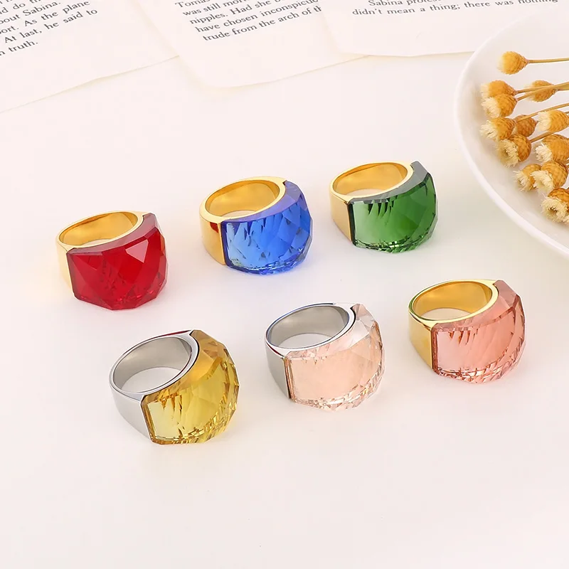 Stainless Steel For Women Large Crystal Glass Stone Pink Color Knuckle Charm Engagement Rings Trendy Wedding Bands Party Jewelry 4