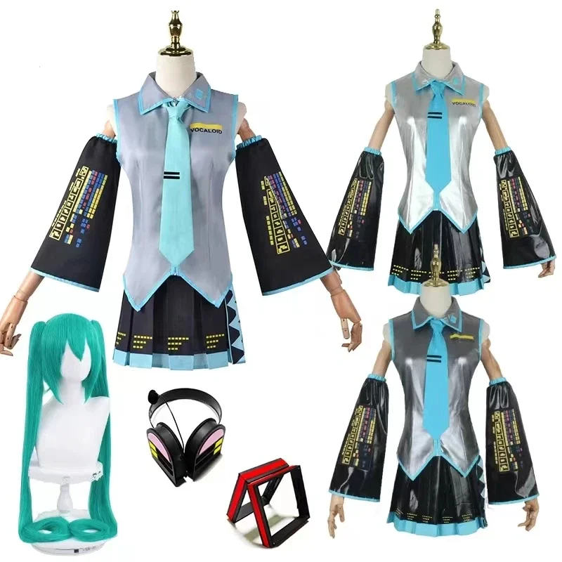 

Anime Miku Cosplay Costumes Miku Japan Midi Dress Female Girl Halloween Outfits for Women Role Play Party Tops Wig Clothing