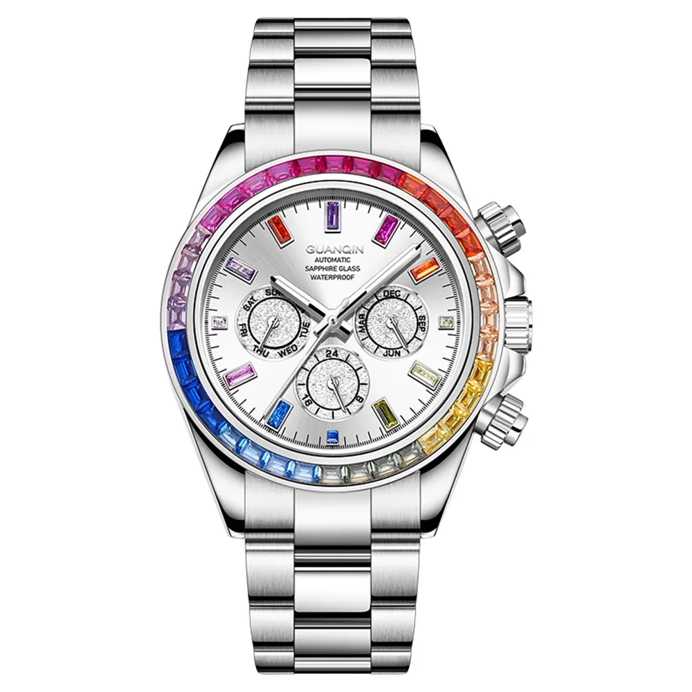 GUANQIN Week Maand Luxe Herenhorloge Waterdicht Automatisch Zelfopwindend Mechanisch Regenboog Diamant Cirkel Ontwerp Saffier Stalen Klok_voghion.com