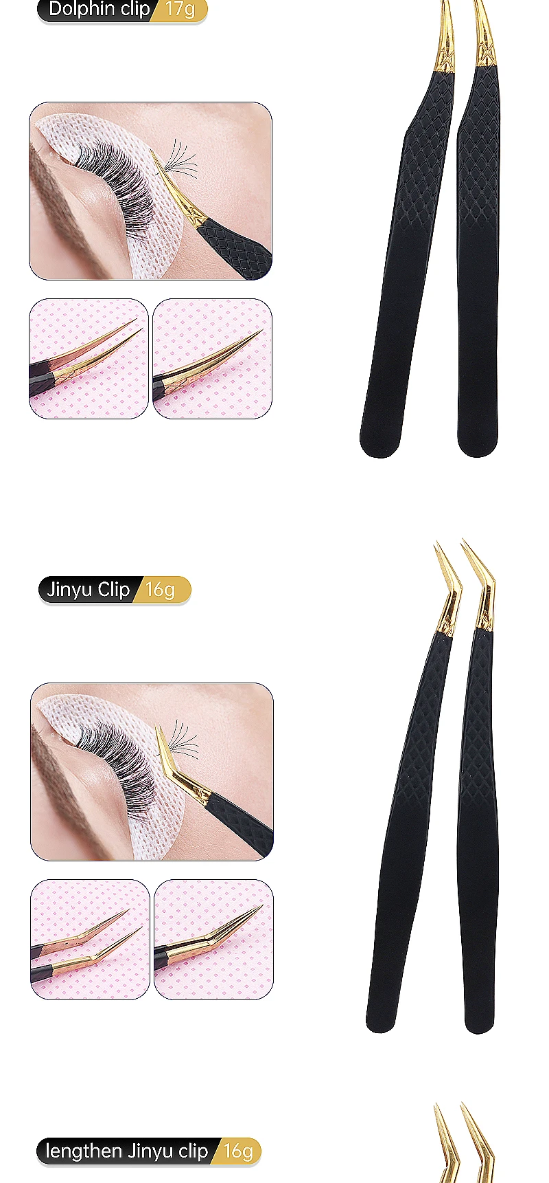 1 stücke Schwarz gold Edelstahl Wimpern pinzette 3d Volumen Augenbrauen clip hochpräzise Wimpern verlängerung pinzette Make-up-Tool – Detail 7