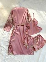 Summer irregular cherry print comfortable bathrobe and halter shorts sexy women's pajama four-piece set - Image 2