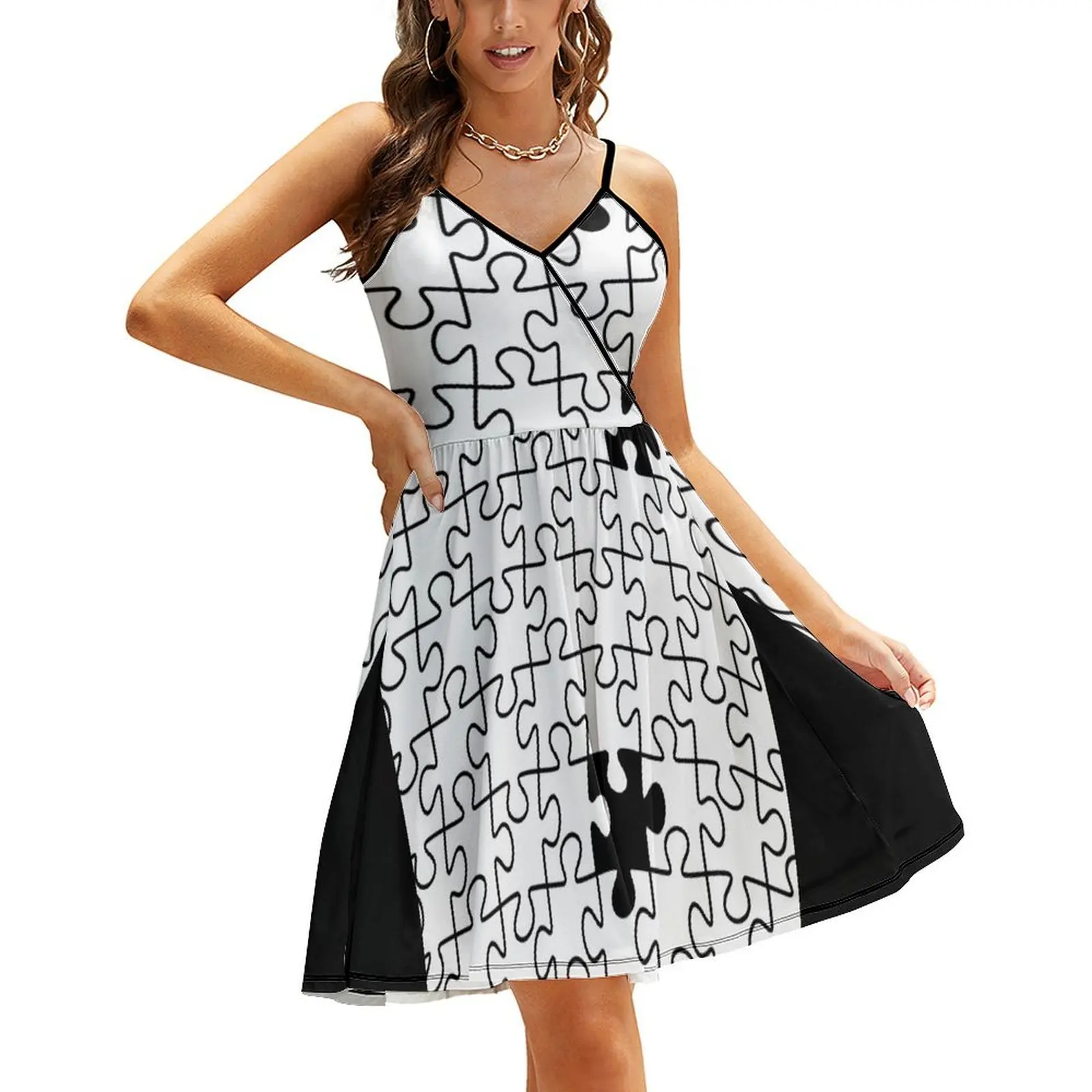 

The Missing Piece - Abstract Jigsaw Puzzle Black and White Sling Dress Womens dresses
