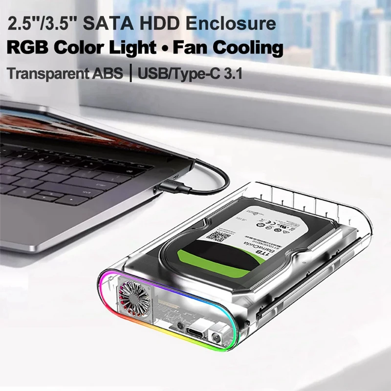 3.5인치 HDD/SSD 인클로저 투명 USB 3.0 타입 C - 외장형 HDD 케이스 지원 28TB SSD RGB 다채로운 조명 US 플러그-A31R