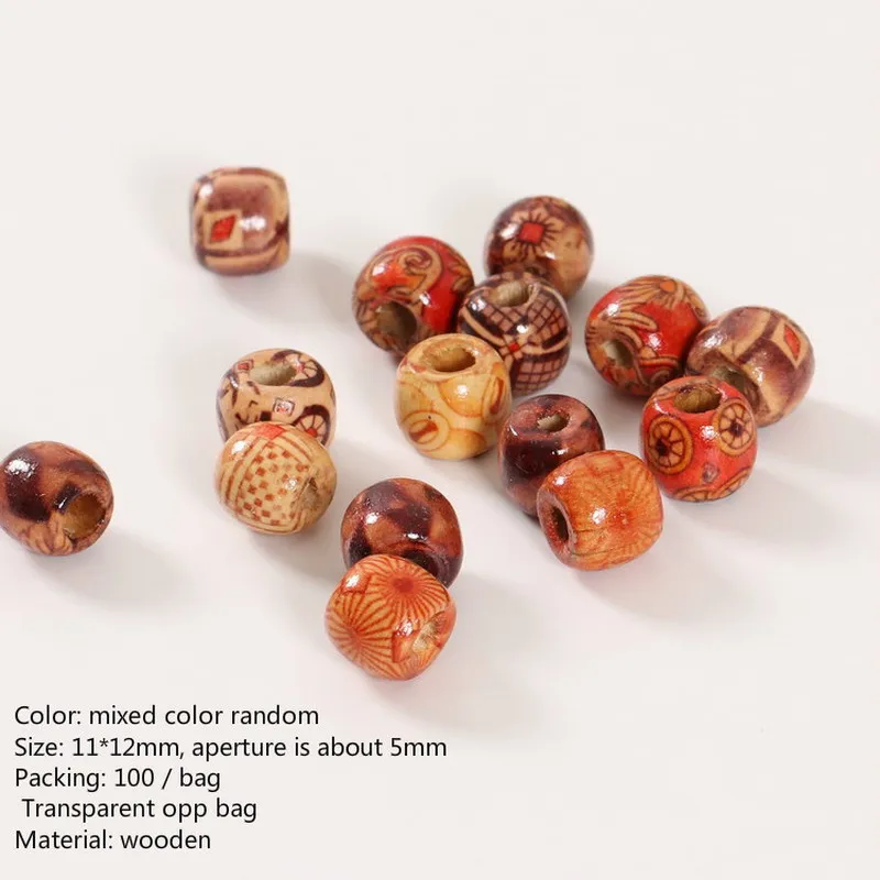 100 PCs/bag 11*12mm Aperture: 5mm Medium Size Hole Vintage Painted Wooden Beads African Hair Rings Dreadlock Accessories 3