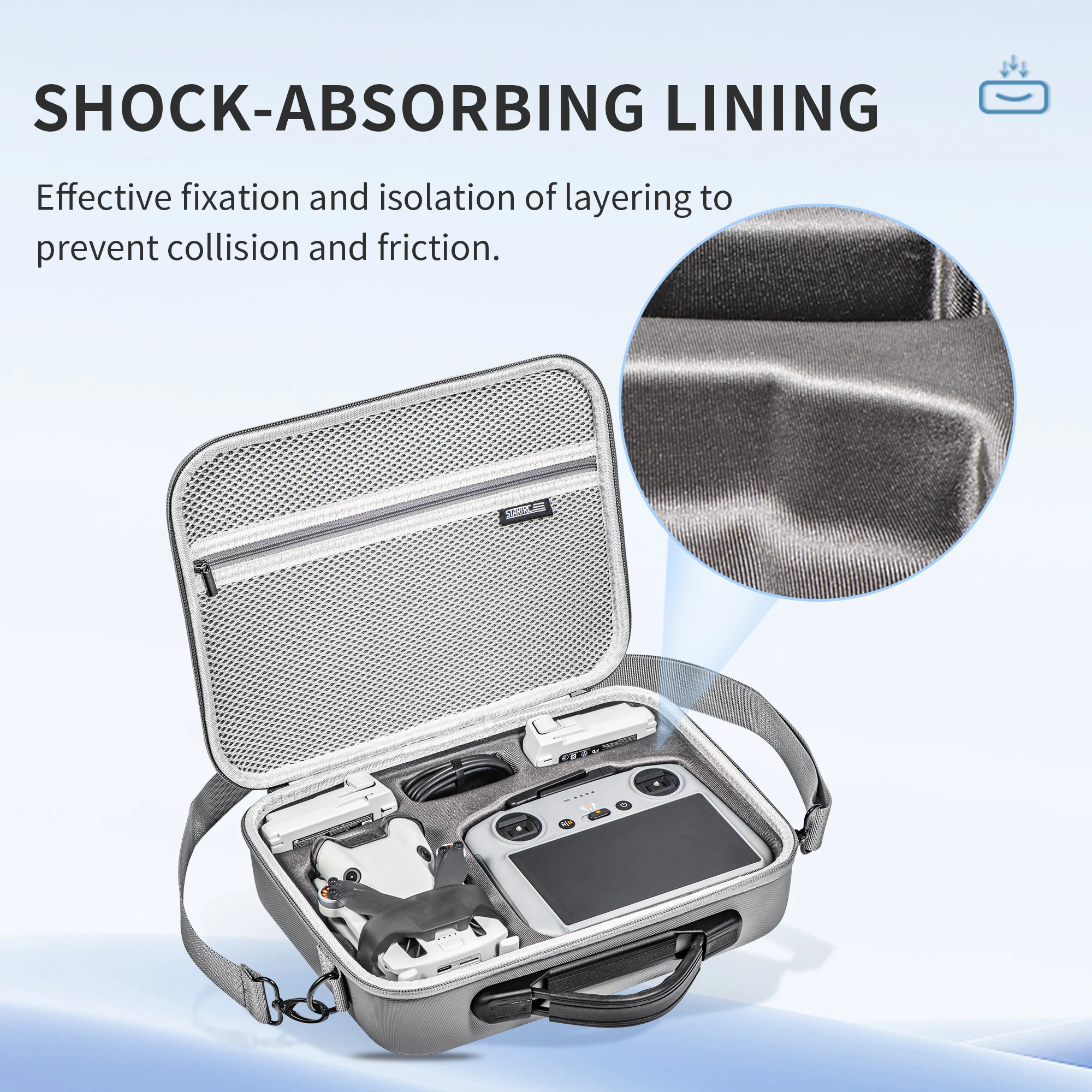 Drone DJI Mini 3 Pro gris clair dans sa mallette de transport avec accessoires inclus