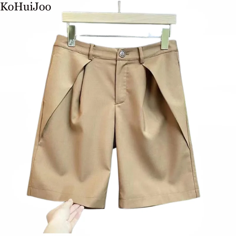 

Kohuijoo Summer Women Shorts with Pockets Khaki Korean High Waist Fake Two Pieces Straight Casual Wide Leg Pants Knee Length