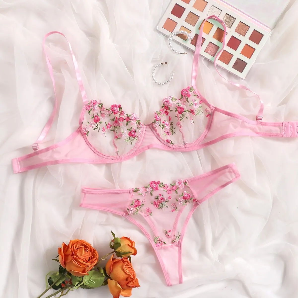Sexy Sensual Lingerie Set Floral Embroidery Erotic Underwear Underwire  Short Skin Care Kit Garters Thongs Brief Sets