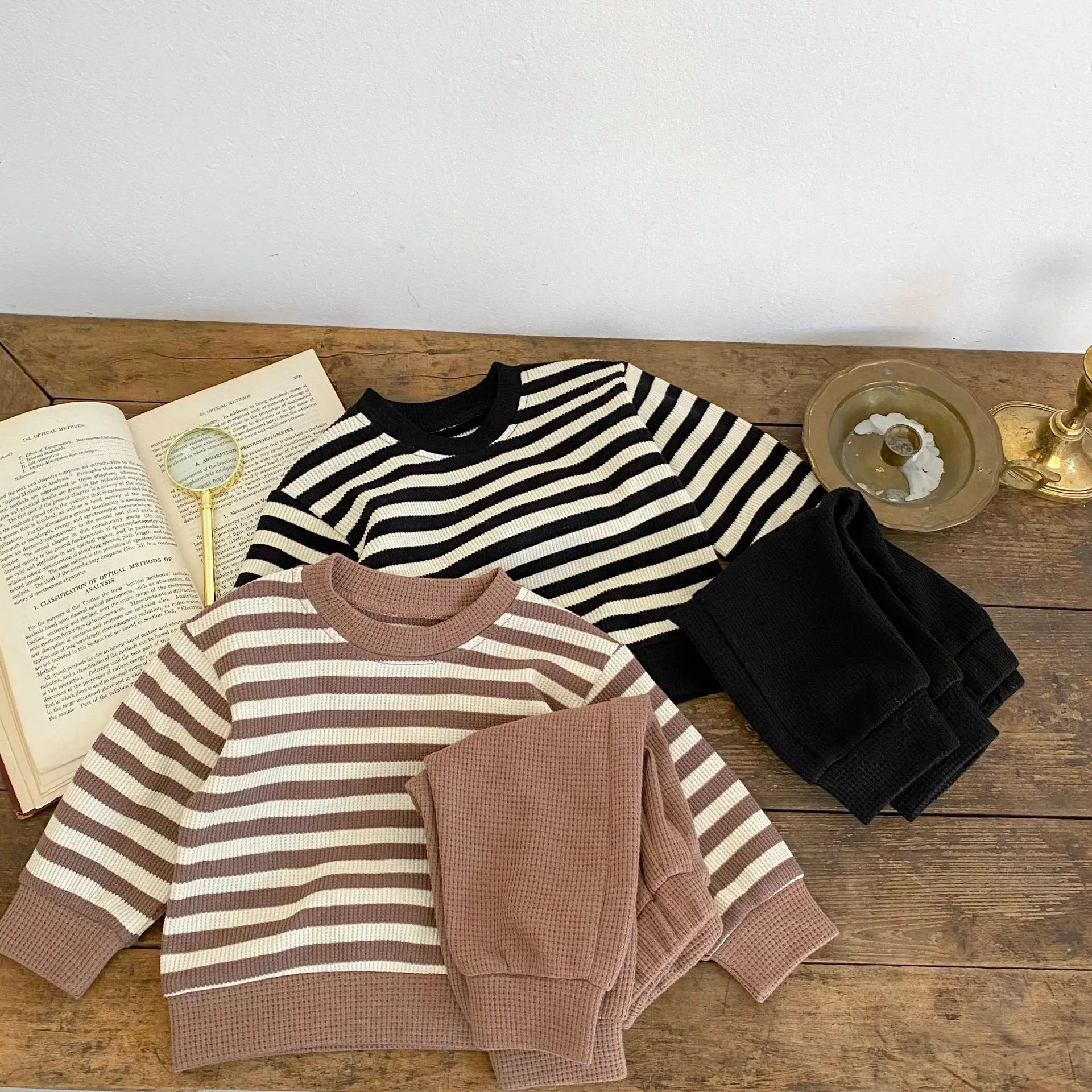 

Kids Boutique Clothing 2 Pieces Sets Sweater Pants Japanese Solid Color O-neck Striped Korean Waffle Long Sleeve Autumn 2023 New