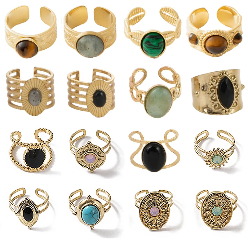 

Vintage Bohemia Natural Stone Women Rings Gold Stainless Steel Adjustable Opening Rings Fashion Dripping Oil Rings Jewelry Gifts