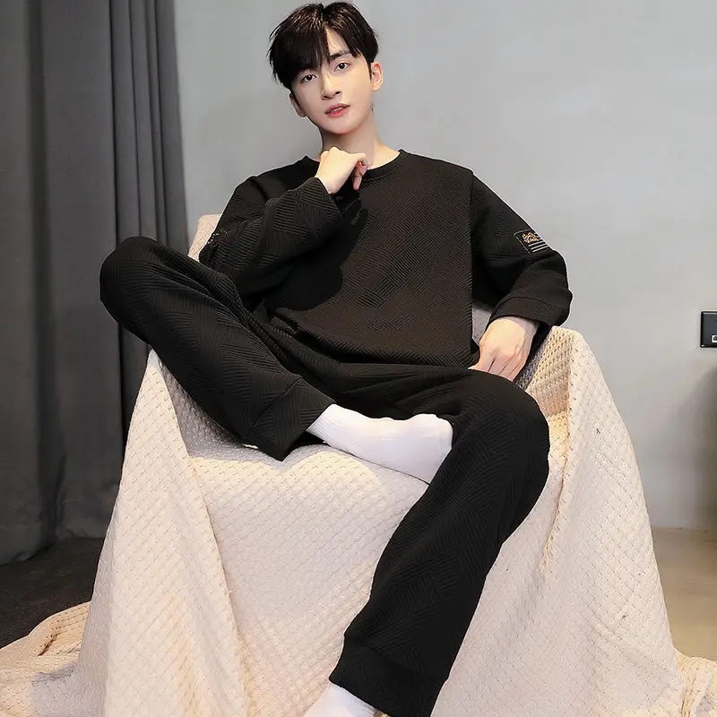 Men Pajamas Autumn Winter Thickened Cotton Long Sleeve Interlayer Loose Extra Large Air Filter Cotton The New Homewear Set