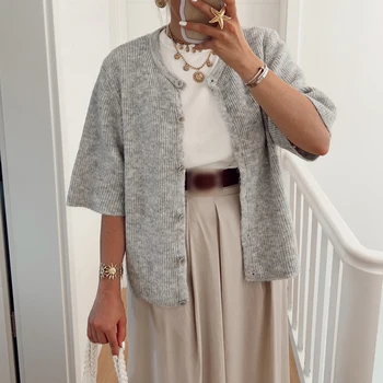 Women Knitted Crop Cardigan Shirt Short Sleeve Button Down Ribbed Knit Crop Top Y2k Girls Outwear Top Tee Shirt for Winter Fall 3