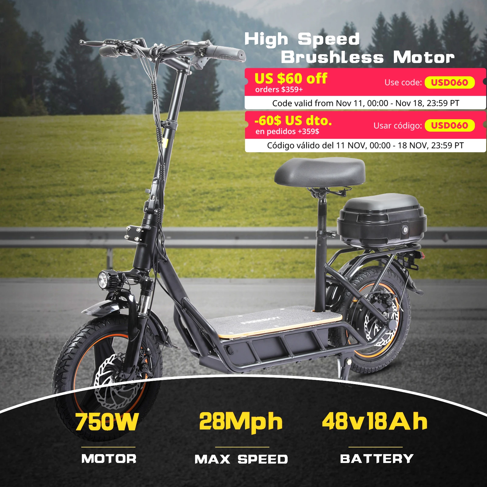 Electric Scooter with Seat for Adults, 750W Motor Power, 48V 18Ah Battery, Load 330Lbs, Commuter Scooter with Storage Box