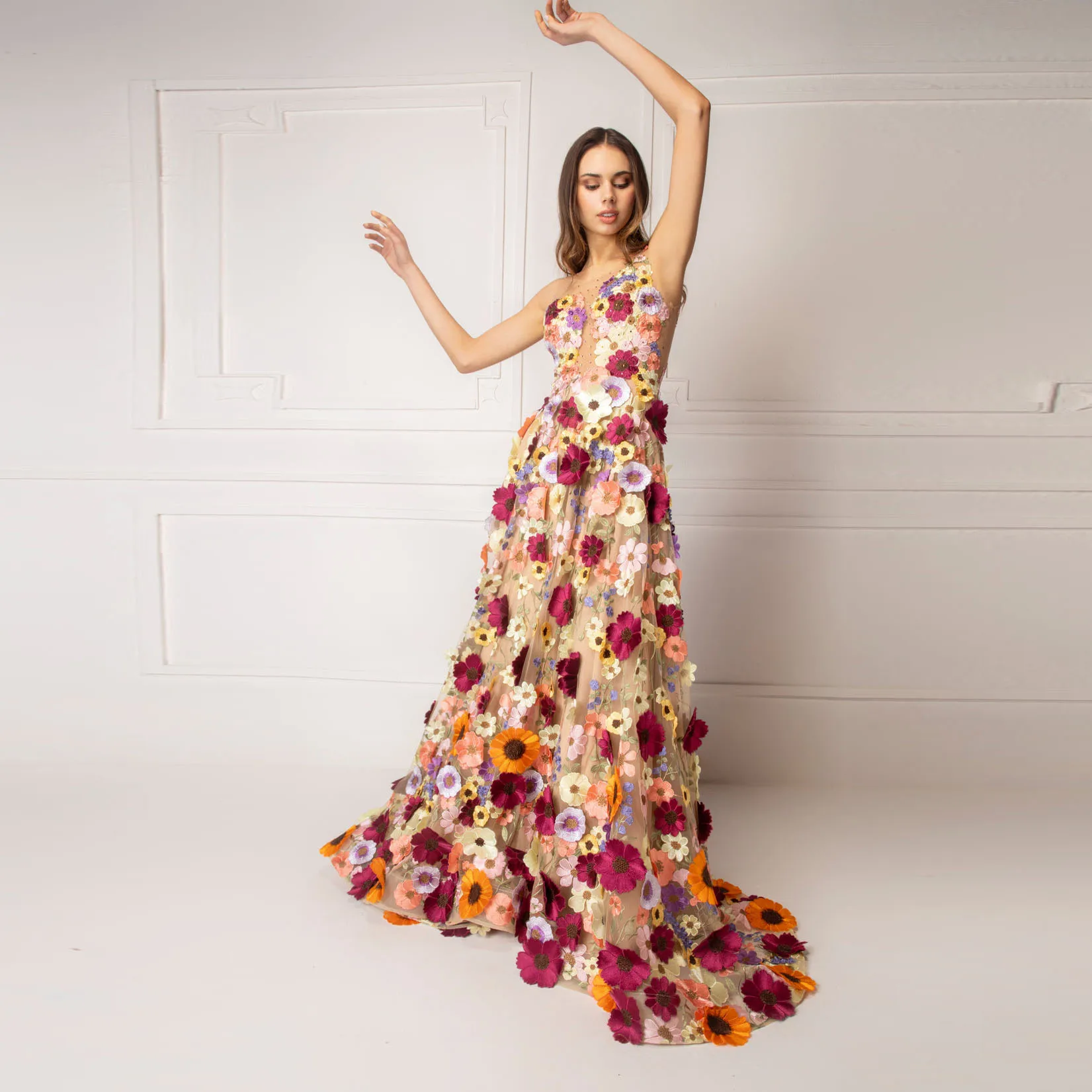 

Садовое цветочное кружево, ТРАПЕЦИЕВИДНОЕ длинное женское платье макси, свадебные платья с 3D цветами и подкладкой, романтичные платья для выпускного вечера